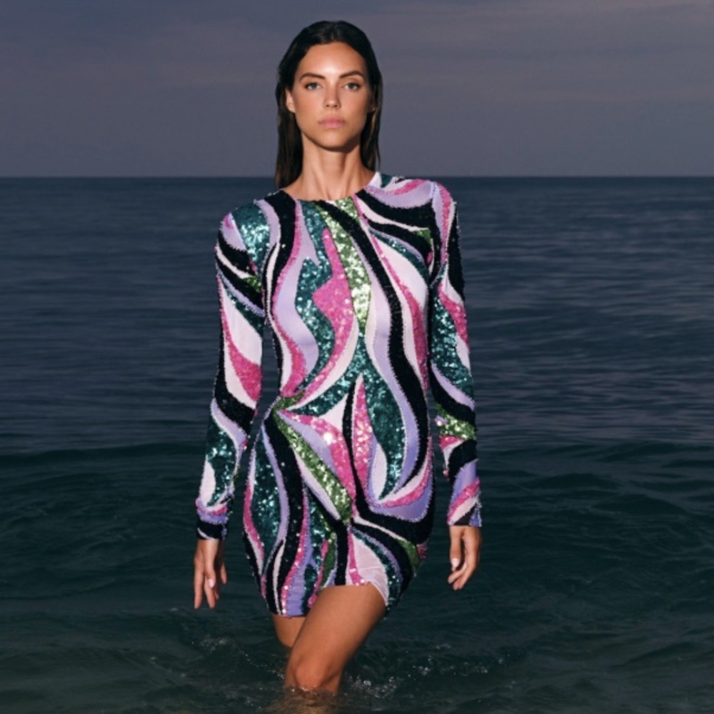 NWT PatBO Delos beaded sequin multi color long sleeve mesh mini dress 8 - Picture 1 of 12